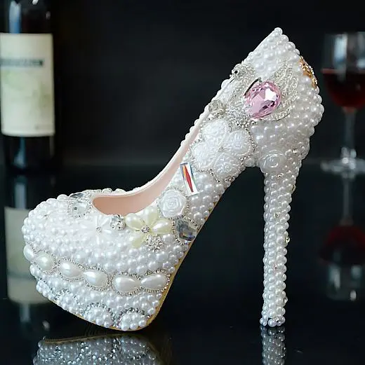 

Luxury crystal wedding shoes woman white pearls all by handmade high quality stable platforms heels brides wedding pumps HS093