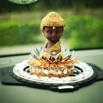 

Car Interior Dashboard Lucky Golden Buddha Ornament Glitter Crystals Car Perfume Stand Safe Trip Auto Air Freshener Decoration