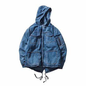 

Winter Men's Hooded Fashion Slim Cotton-Padded Jacket Men Plus Velvet Denim Jacket Men Slim Thickening Denim Outerwear Coat M-2X