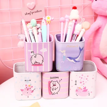 

Coloffice Creative Leather Pen Holder Desktop Storage Decoration Square Office Storage Box Korean Stationery Office Supplies 1PC