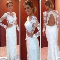 New Arrival High Collar White Open Back Long Sleeve Lace Evening Party Dresses Floor Length