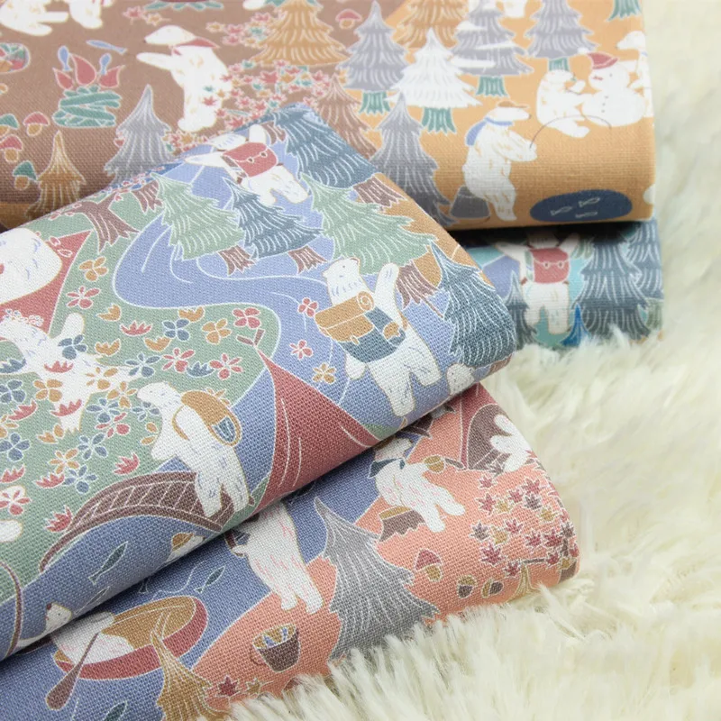 

half yard cotton linen fabric with cartoon forest bear print, handmade DIY patchwork bag garment children cloth A577