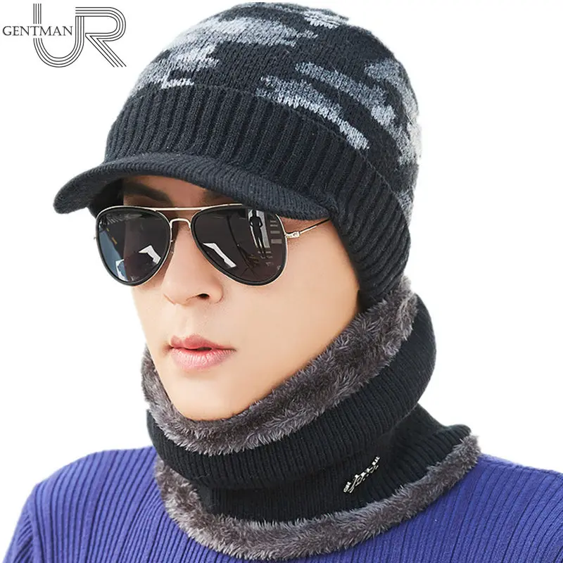 

New Camouflage Winter Hats Fashion Winter Knitted Hat Scarf Set For Men Women Wool Visor Beanies Hat Warm Gorras Bonnet Cap