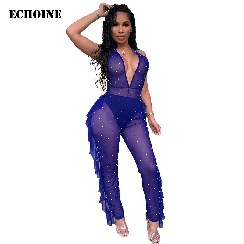 

Summer Sexy Sheer Mesh Jumpsuit Beading Mesh Women Ruffle Rompers Jumpsuit V-neck Backless Transparent Playsuit Club Outfits