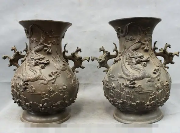 

S5032 11" Chinese Royal Palace Pure Bronze Copper Dragon Statue Twin Vase Pot Pair