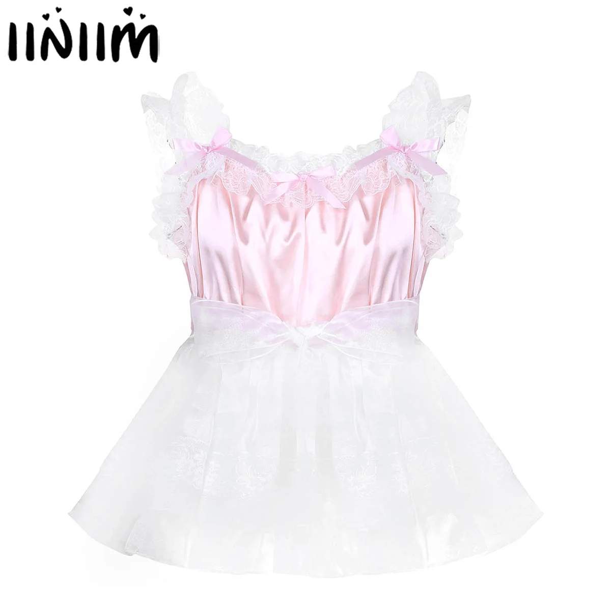 

iiniim Adult Baby Mens Sissy Babydoll Crossdress Ruffled Lace Tulle Dress with Waist Belt Gay Male Night Club Costume Mini Dress