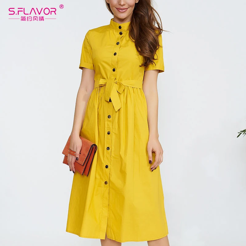 

S.FLAVOR Women Yellow Solid Color Casual Dress Elegant Single Button Short Sleeve Loose Dress Autumn Vestidos