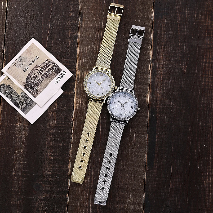 Дропшиппинг женские Стразы Часы Модные повседневные женские серебряные и розовые золотые сетчатые наручные часы подарок часы Relogio Feminino горячая распродажа