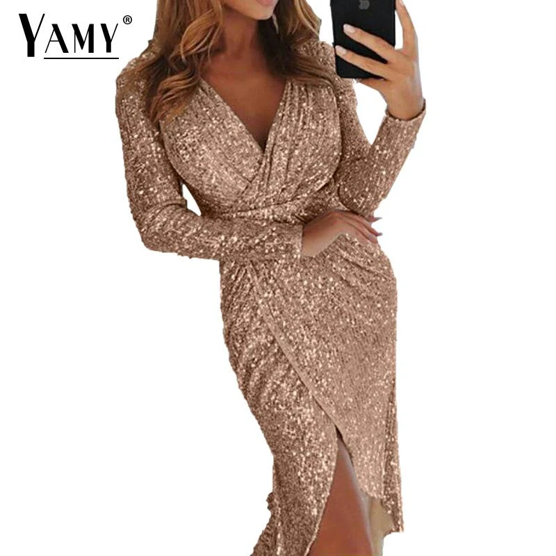 Sexy black gold Sequin Dress women Long ...