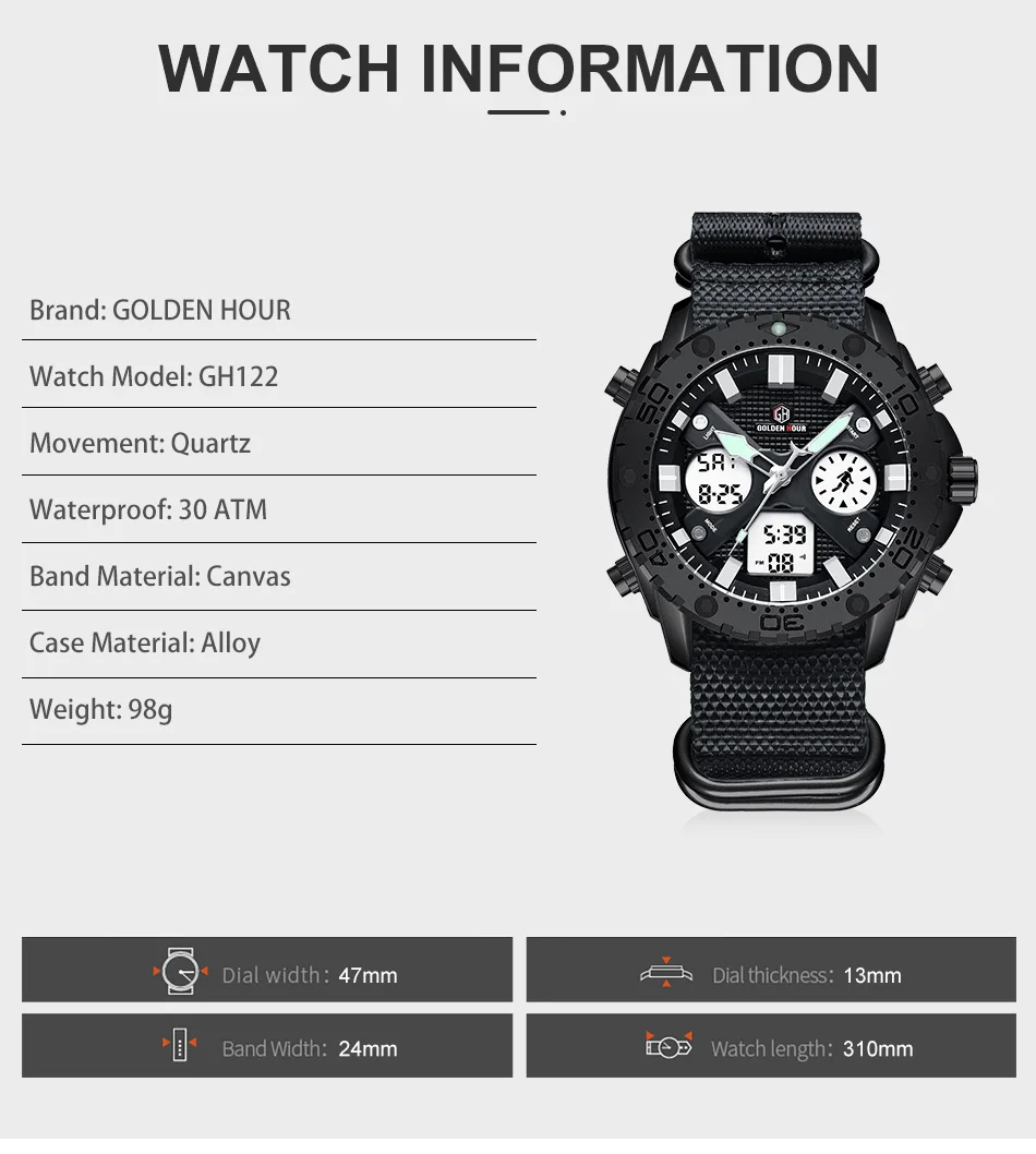 GOLDENHOUR Men Fashion Sports Black Canvas Watches Outdoor Military Army Analogue Quartz Digital Male Clock Relogio Masculino