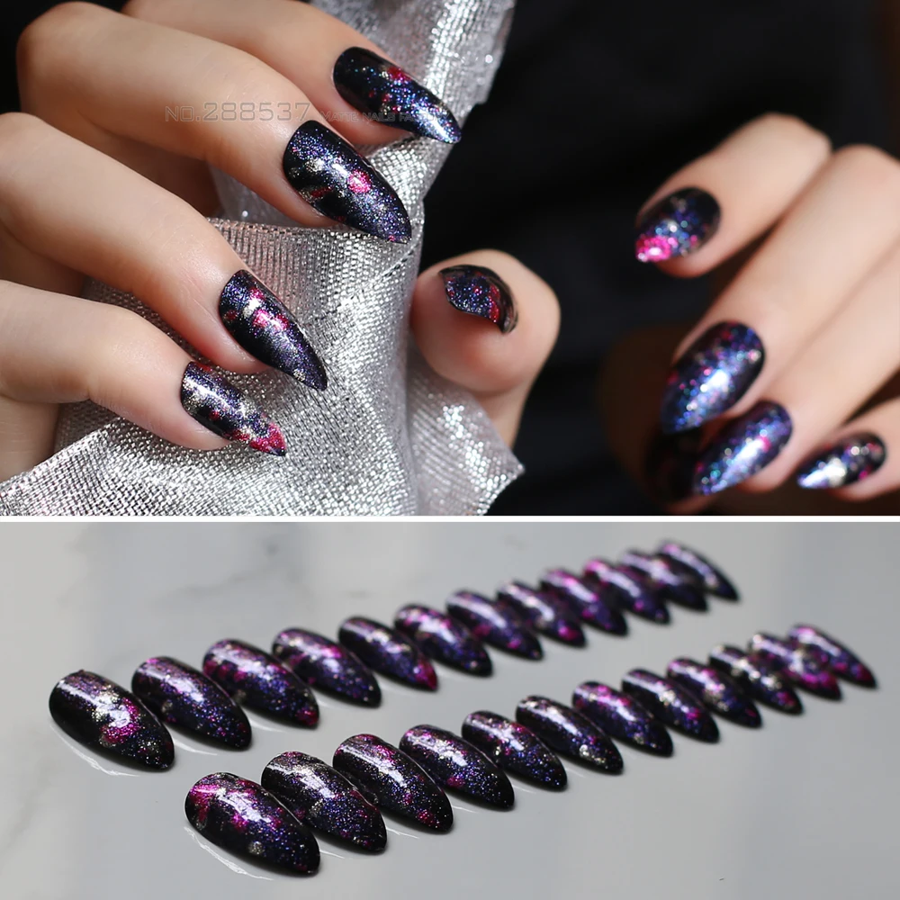 Purple Glitter Space Galaxy Press On Nails Fake Nails Glue On