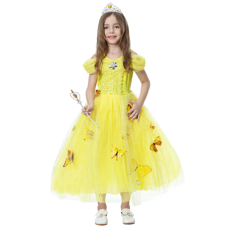 Платье Белль для девочек платье для девочек на день рождения с бабочками, платья Fantasia Infantil, Детские Вечерние платья на Хэллоуин, желтые платья парик Белль