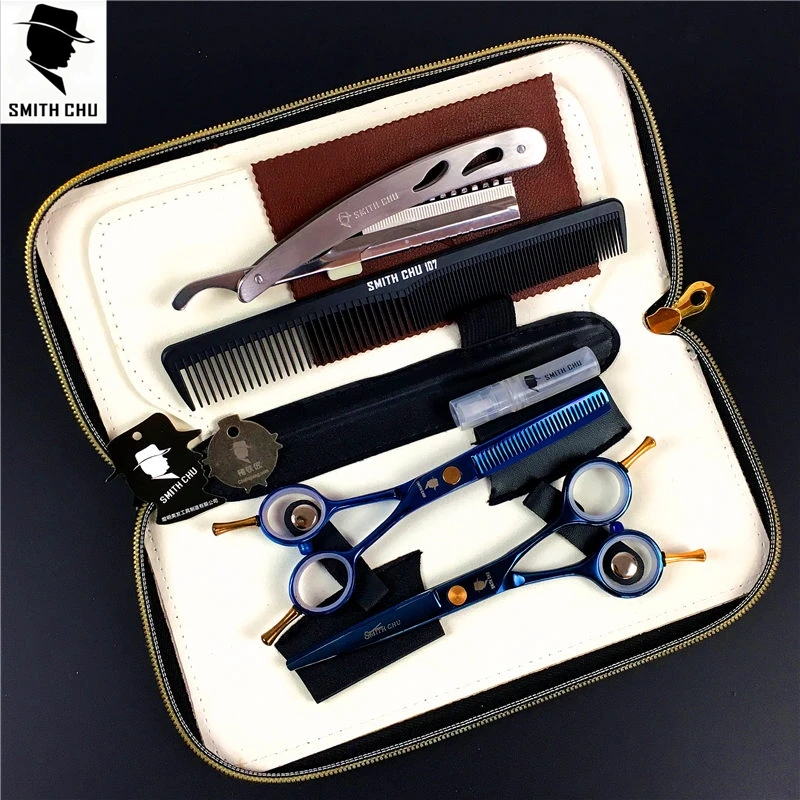 SMITH CHU Professional Hair Scissors set 5.5/6.0 inch Rainbow Straight & Thinning scissors barber shears +razor+comb +kits