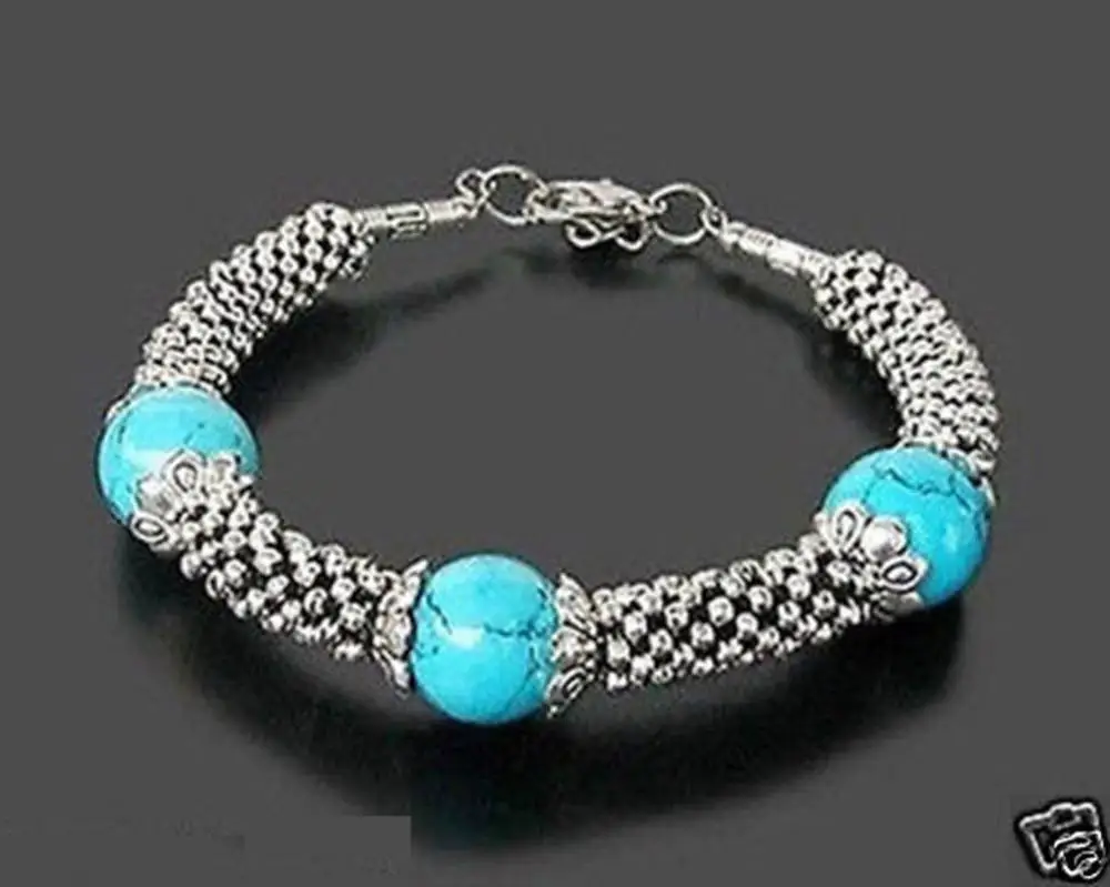 New Beautiful Jewelry Tibet Silver 12mm Turquoise beads Bracelets szz025 28% | Украшения и аксессуары