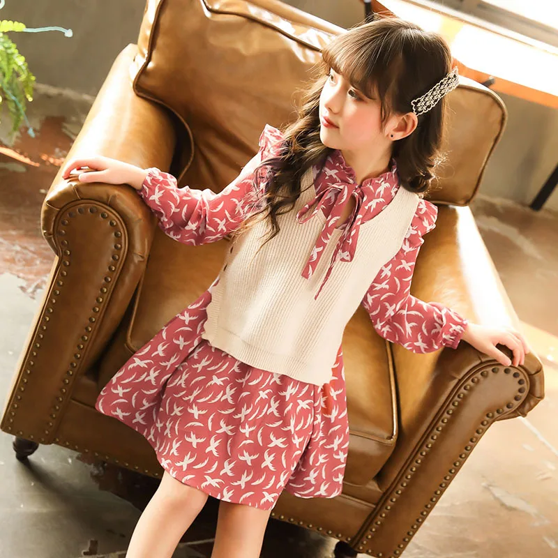 

2019 Spring Girls Sets Tops Dresses Suit Princess Winter Kids Sets For Girls Children 2 Pcs Set Girl Clothes Sweater Vest Dress