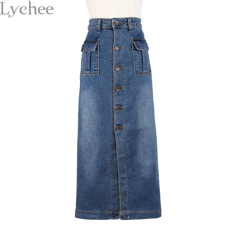 

Lychee Korean Style Summer Women Pencil Skirt Pocket Slim High Waist Denim Long Skirt Vintage Midi Skirt