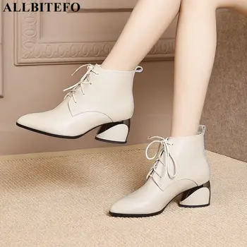 

ALLBITEFO fashion brand genuine leather thick heel women ankle boots high quality office ladies shoes women boots leather boots