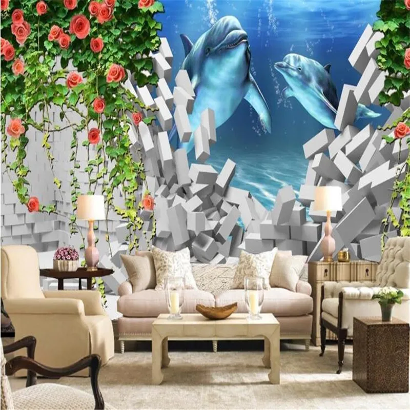 

custom modern 3D photo high quality non-woven mural wallpaper rose dolphin living room 3D TV sofa background wall home decor