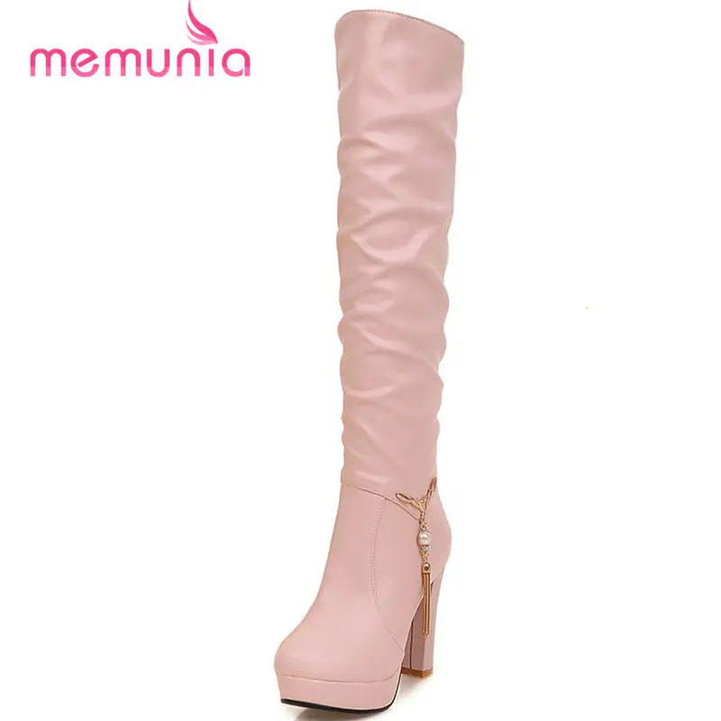 

MEMUNIA new arrive 2018 autumn winter platform boots super high heel knee high boots round toe square heel boots size 33-43