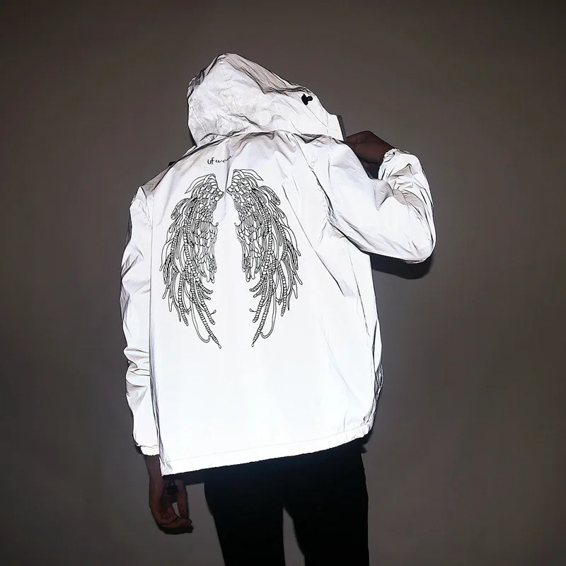 New men's autumn Men /women windbreaker reflective jacket casual hip hop hooded coat streetwear night shiny harajuku jackets 5XL