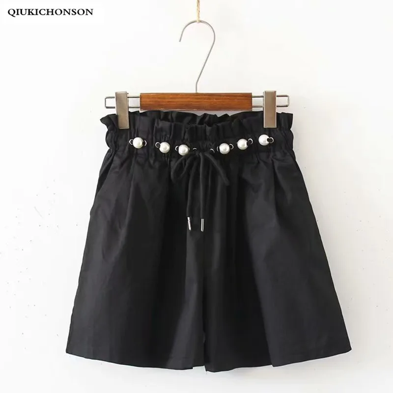 

Korean Style Pearl Drawstring Frilly Elastic Band High Waisted Shorts Summer Women Wide Leg Casual Loose Shorts pantaloncini