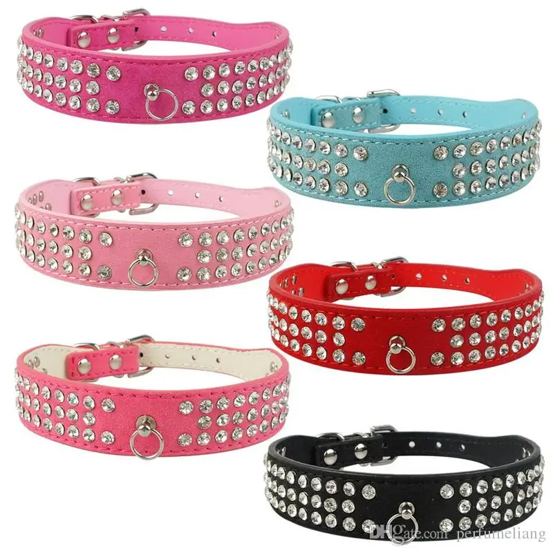 

(6 Colors Mixed) Brand New suede Leather Dog Collars 3 Rows Rhinestone Dog collar diamond Cute Pet Collars 100% Quality 4 Sizes