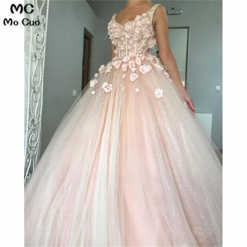 PEAR PINK BALL GOWN PROM DRESSES PAGEANT DRESSES WITH HANDMADE FLOWERS