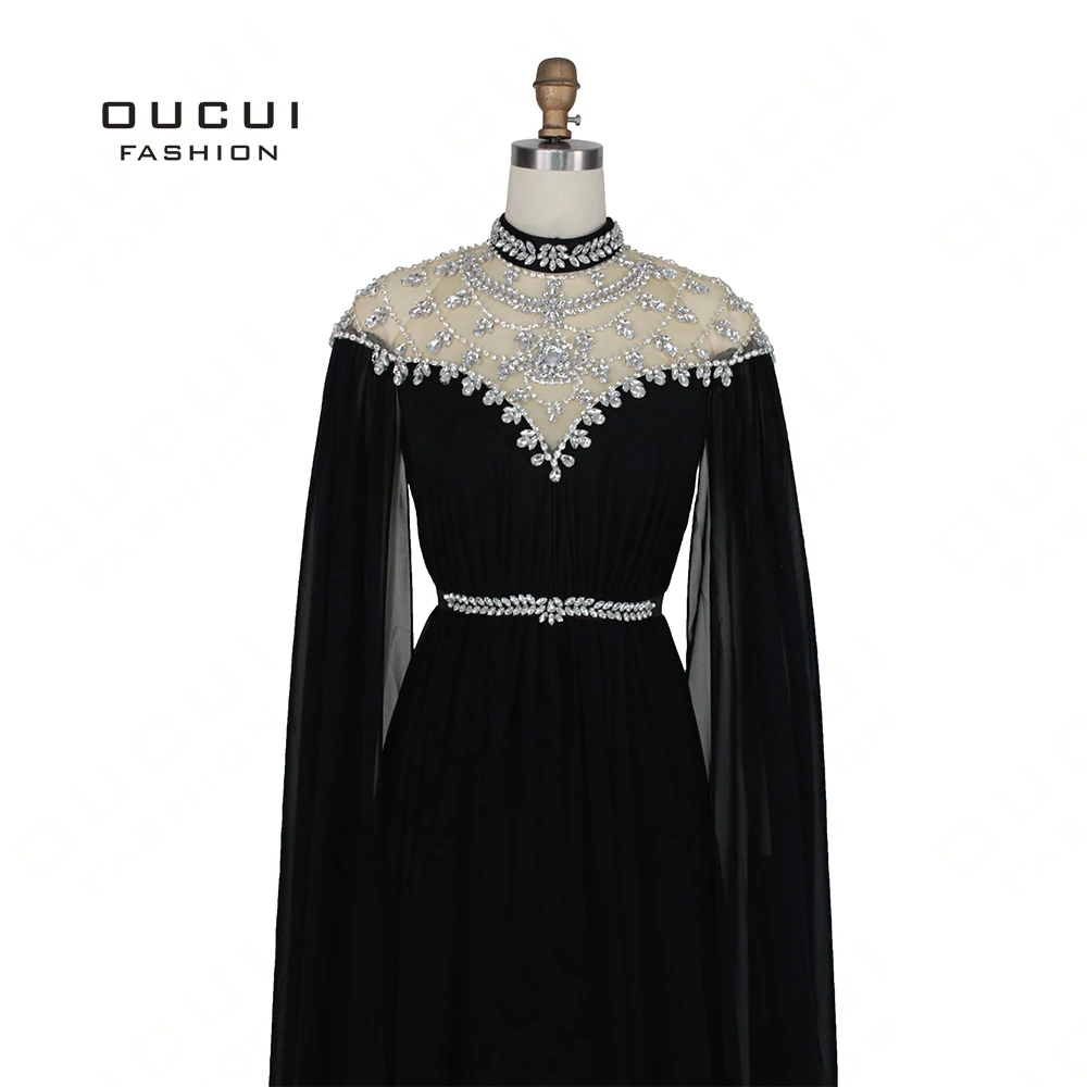 Kaftan Abiye Black 2019 Evening Dresses Long Sleeves Cap Beading Crystal Chiffon Formal Dress Women Elegant Vestido OL103163 Kaftan Abiye Black 2019 Evening Dresses Long Sleeves Cap Beading Crystal Chiffon Formal Dress Women Elegant Vestido OL103163