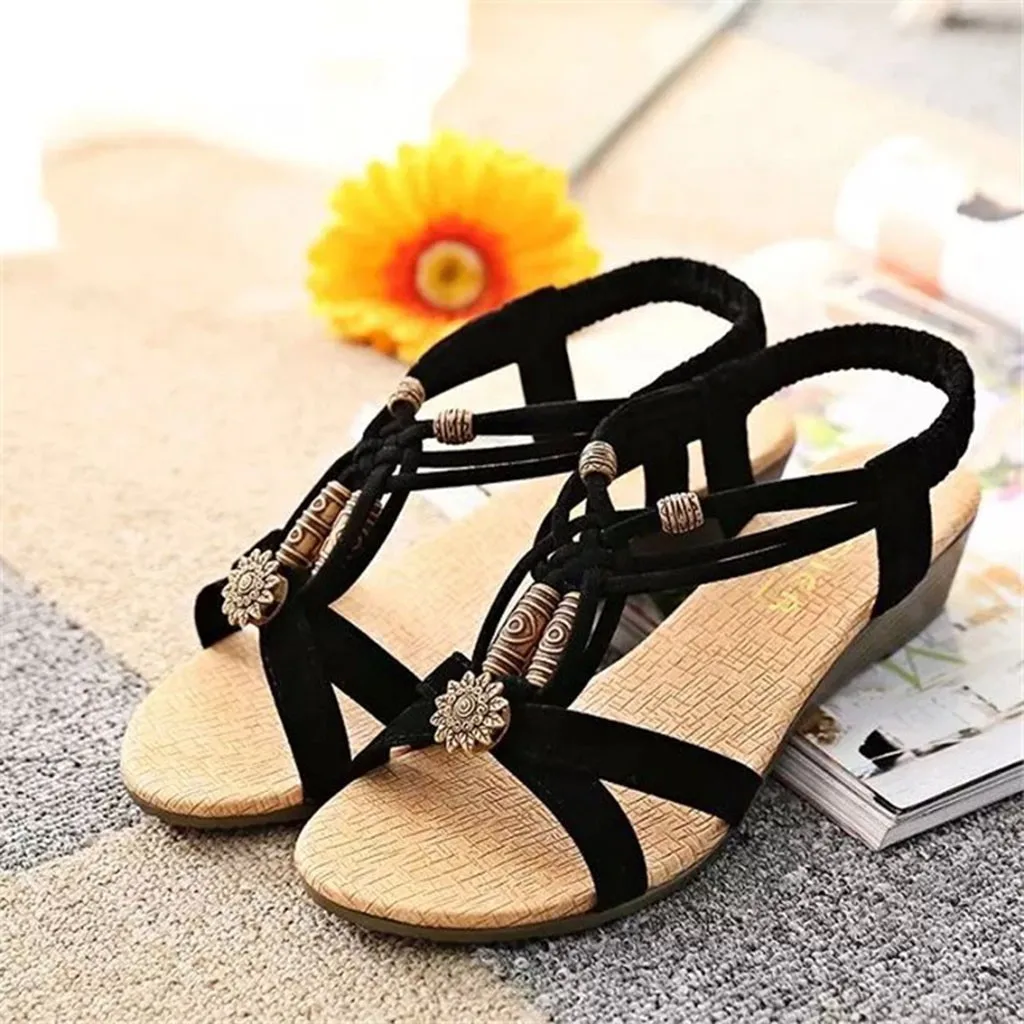 

Women Elastic Band Bohemia Girl Open Toe Sweet Sandals Wedges Beach Summer Shoes European Rome Style Sandaliastalon femme