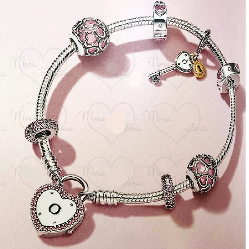 

EDELL 925 sterling silver elegant romantic lovers jewelry bracelet set heart-shaped key + love heart lock