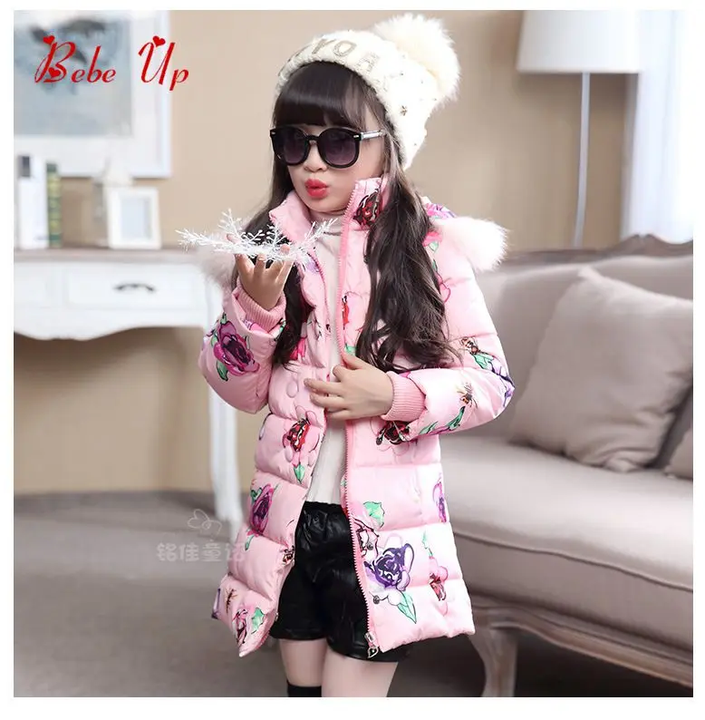 

Kids Winter Long Jacket With Floral Print Teenager Girls Winter Padded Coat With Fur Hood New Year Costumes For Children