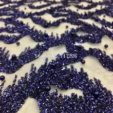 5 ярдов темно-синий цвет клееный Блестящий принт африканская сетка, тюль, кружева с бисером для свадьбы/вечерние платья/вечерние