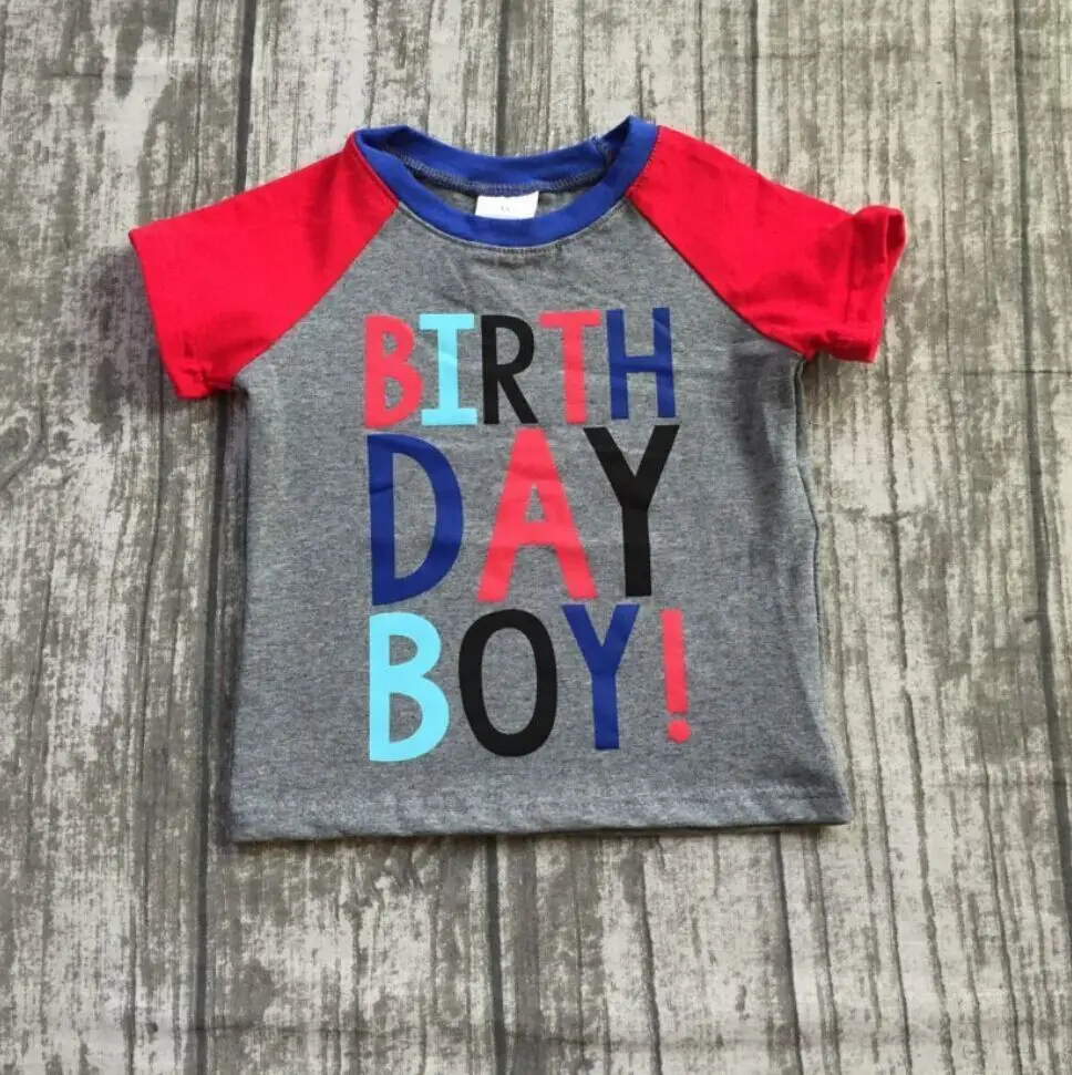 

2018 new Summer short sleeve top boutique outfits birthday boy kids wear cotton raglan t-shirt gray navy red clothing available