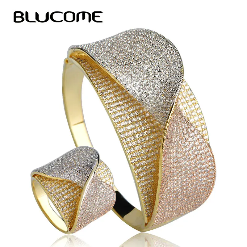 Blucome New Design Bow Tie Shape Wedding Jewelry Sets Heavy Wide Bangle Ring Set Full Cubic Zircons Three Tones Copper Bijoux Blucome New Design Bow Tie Shape Wedding Jewelry Sets Heavy Wide Bangle Ring Set Full Cubic Zircons Three Tones Copper Bijoux