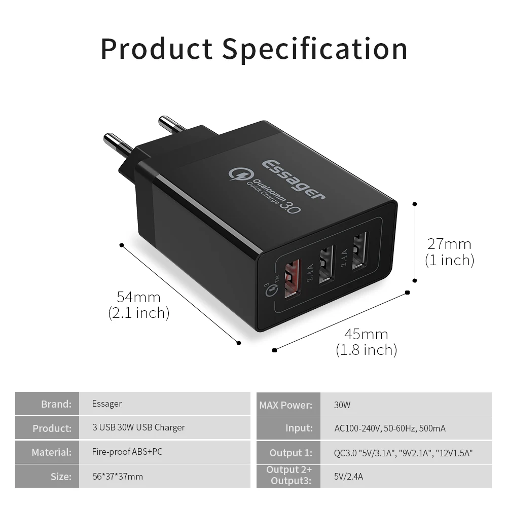 Essager Quick Charge 3.0 USB Charger 30W QC3.0 QC Turbo Fast Charging Multi Plug Mobile Phone Charger for iPhone Samsung Xiaomi Essager Quick Charge 3.0 USB Charger 30W QC3.0 QC Turbo Fast Charging Multi Plug Mobile Phone Charger for iPhone Samsung Xiaomi