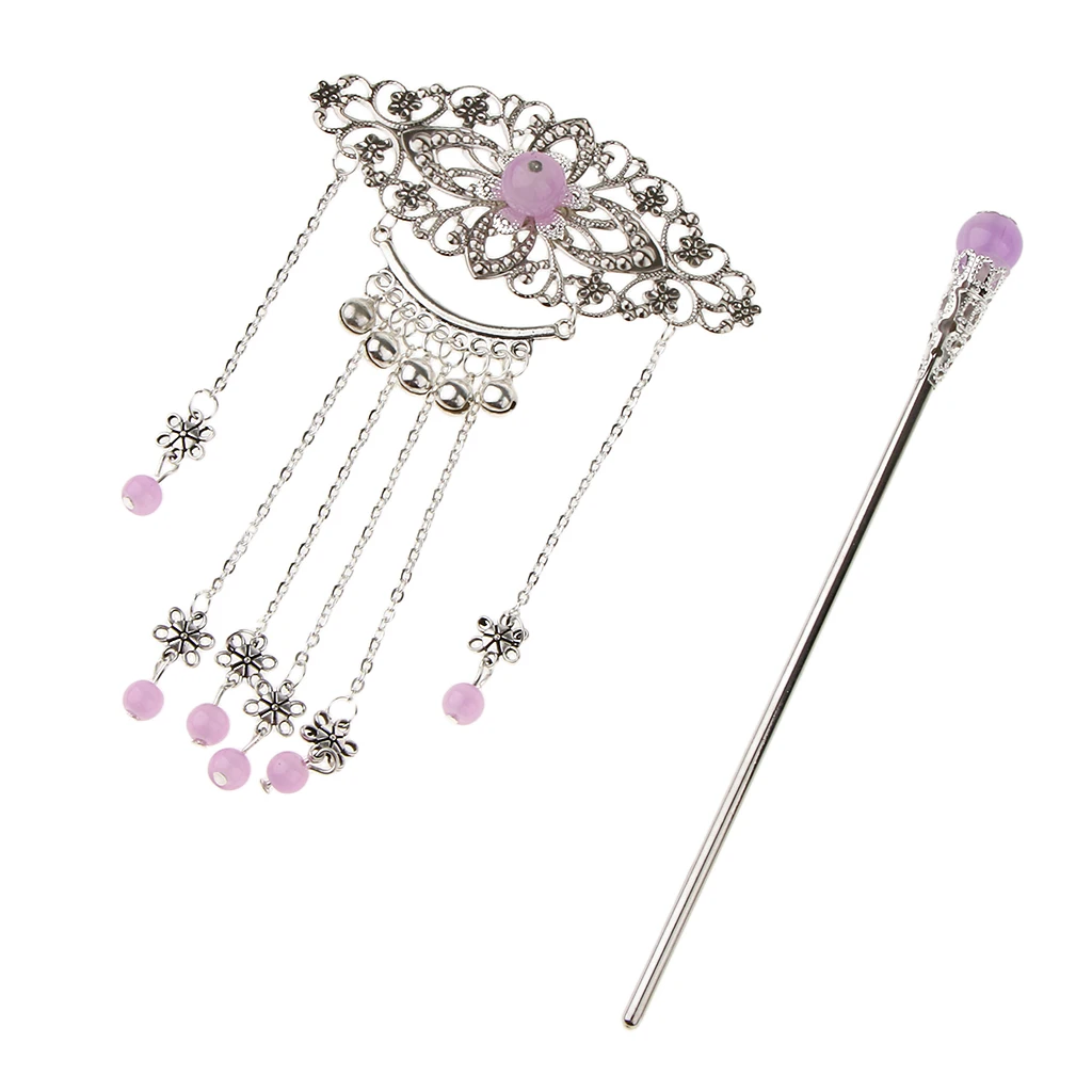 Womens Retro Traditional Chinese Wedding Floral Tassels Bells Hair Stick Chignon Chopsticks Headwear Jewelry