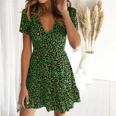 Сексуальное хлопковое леопардовое платье с глубоким v-образным вырезом и коротким рукавом для женщин летнее Мини платье Vestidos - Цвет: Зеленый