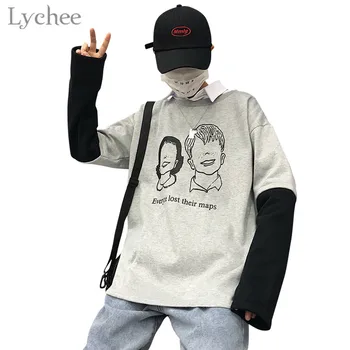 

Lychee Harajuku Cartoon Character Fake 2 Pieces Women Sweatshirt Turn Down Collar Long Sleeve Fleece Patchwork Female Sweatshirt