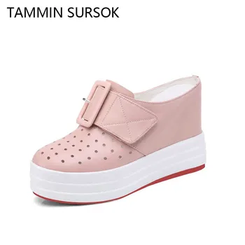 

New Style Genuine Leather 12cm Heel Height Increasing Hollowed Buckle Slip on Women Thick Platform Wedges High Heel Slippers