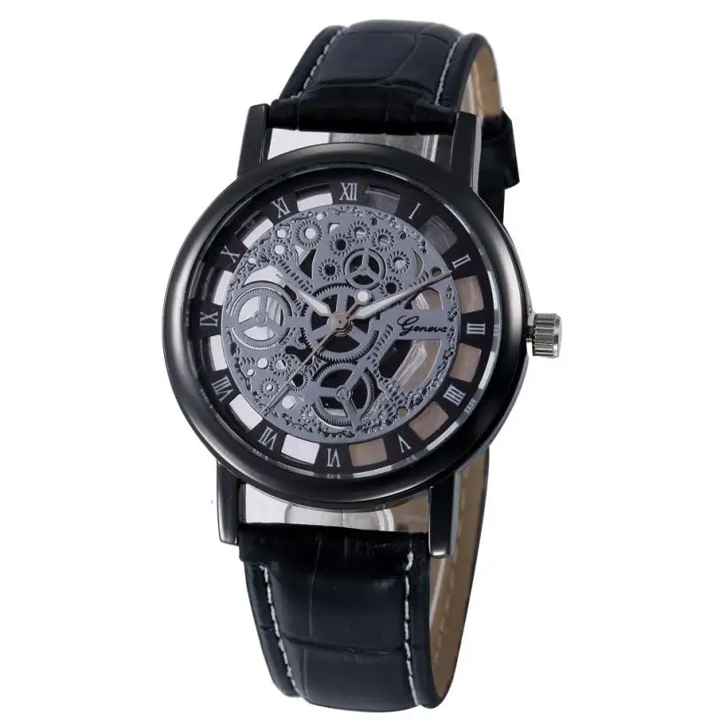 Timezone#501 модные деловые часы со скелетом, Мужские кварцевые наручные часы с гравировкой и полым ремешком, женские часы с кожаным ремешком - Цвет: Черный