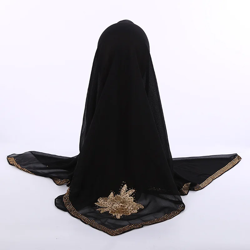 Высокое качество Жемчуг шифон квадратный хиджаб шарф с аппликацией большой цветок Декор Ислам для женщин роскошные бриллианты края мусульманская шаль - Цвет: C6 black