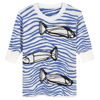 

2019 new arrivals blue striped fish sweater women half sleeve knitted pullovers S,M,L