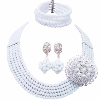 

Fashion White Crystal African Wedding Beads Jewelry Set Nigerian Beaded Necklace for Women Girls 5L-DS017