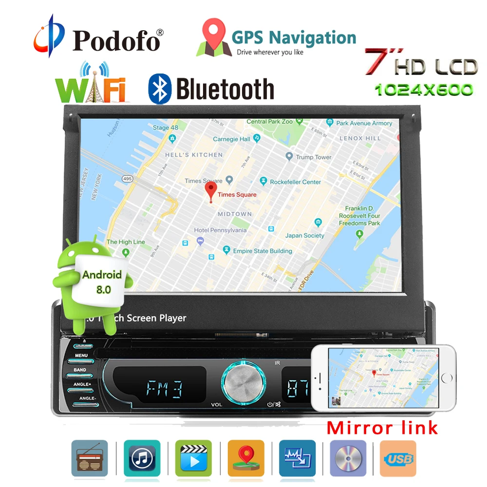 

Podofo Autoradio Android Car Stereo Radio GPS Navigation 1 din 7" Retractable Touch Screen Car DVD Multimedia Players car audio