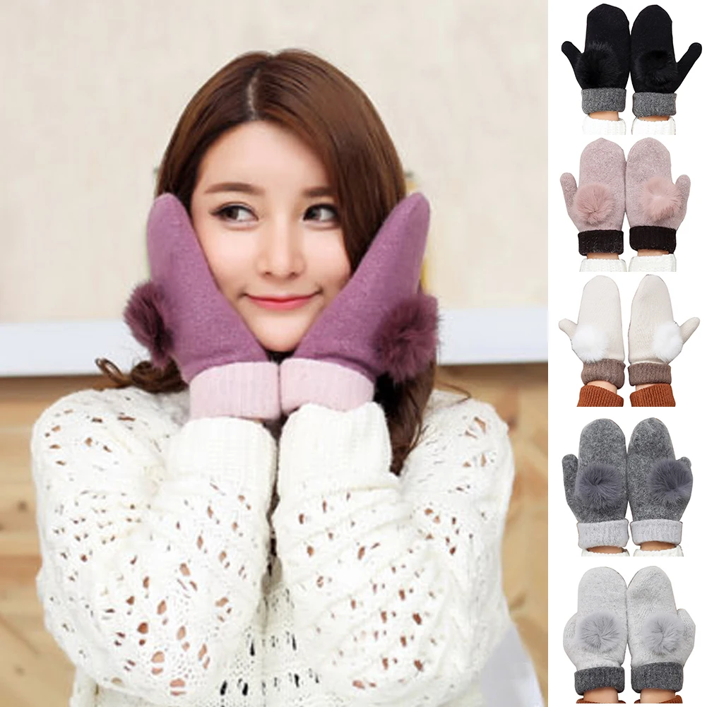 Fashion Cute Women Winter Thicken Warm Wool Rabbit Fur Ball Mittens