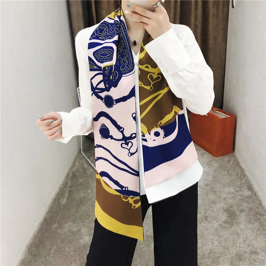 160cm Luxury Brand New Design Tassels Chain Twill Scarf Double-deck Women Scarf Head Silk Scarves Wraps Neckerchief For Ladies