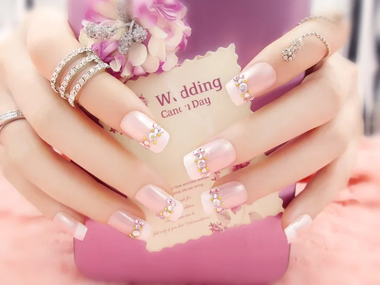 Сковальные накладные ногти с клеем средней длины жемчужные блестящие алмазные Diy Nail Art аксессуары для невесты 24 шт. розовые накладные ногти