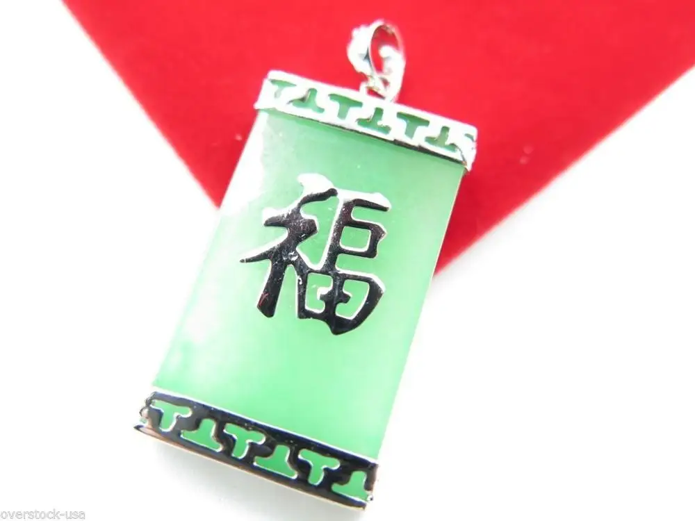 

New Good 925 Sterling Silver Green Jade Fu Oblong Pendant 35%