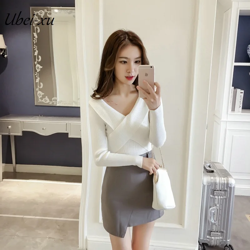 Ubei new sexy crossover v-neck pullover fall/winter pure color slim base knitted pullover women Ubei new sexy crossover v-neck pullover fall/winter pure color slim base knitted pullover women