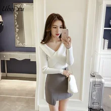 Ubei new sexy crossover v-neck pullover fall/winter pure color slim base knitted pullover women Ubei new sexy crossover v-neck pullover fall/winter pure color slim base knitted pullover women